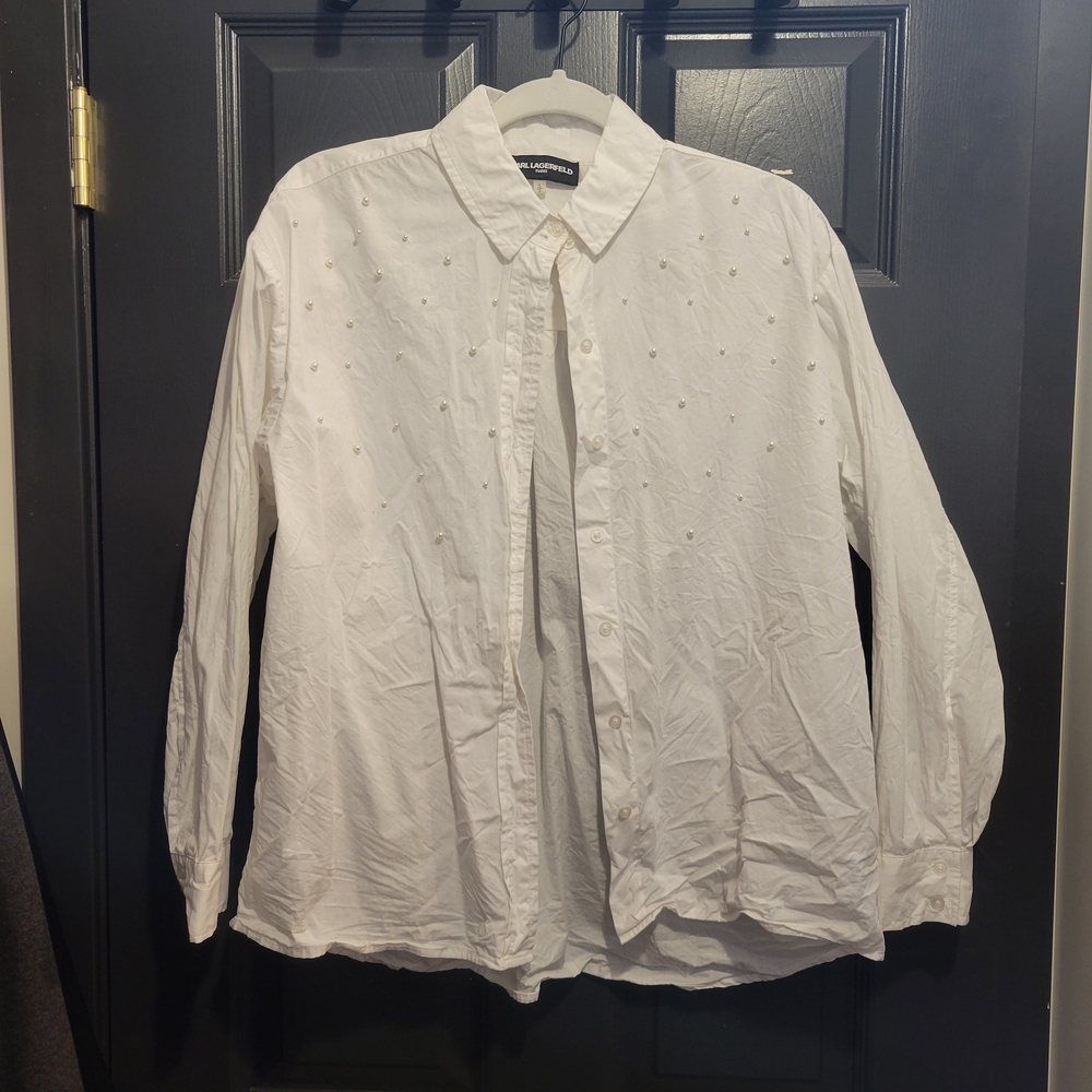Karl Lagerfeld White Button Down Shirt With Pearl Detail